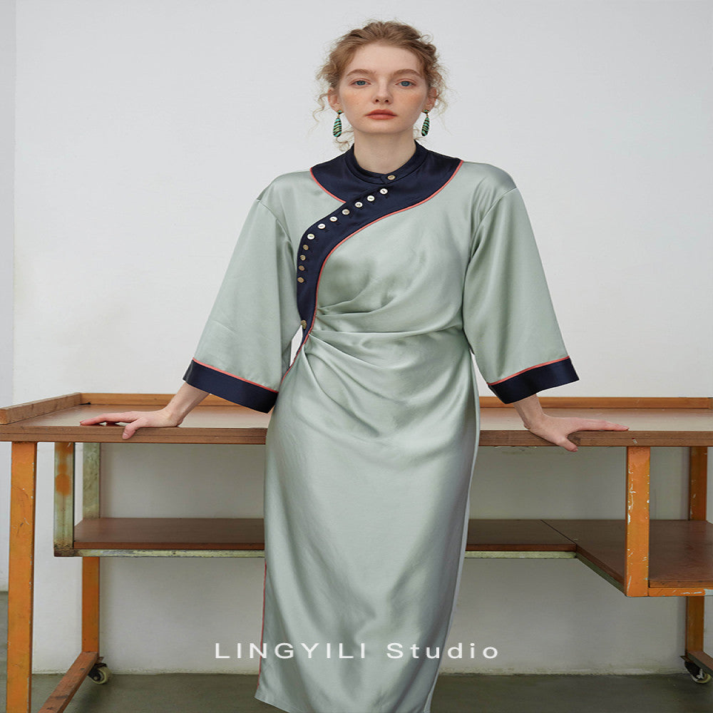 LINGYLI Spring Summer Collection New Chinese Water Green Satin Acetate Stand Cut Original Design Inverted Sleeve Dress image 0