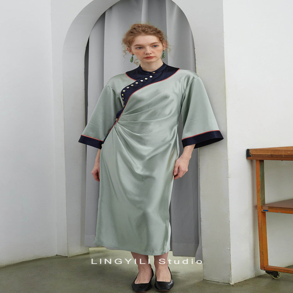 LINGYLI Spring Summer Collection New Chinese Water Green Satin Acetate Stand Cut Original Design Inverted Sleeve Dress image 9