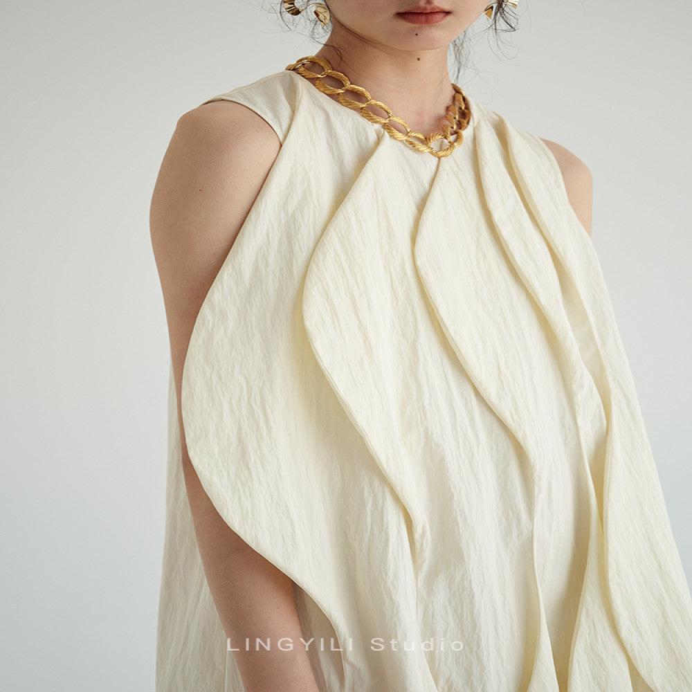 LINGYLI Xia s new original wave shaped standing cut sleeveless round neck designer beige long dress image 9