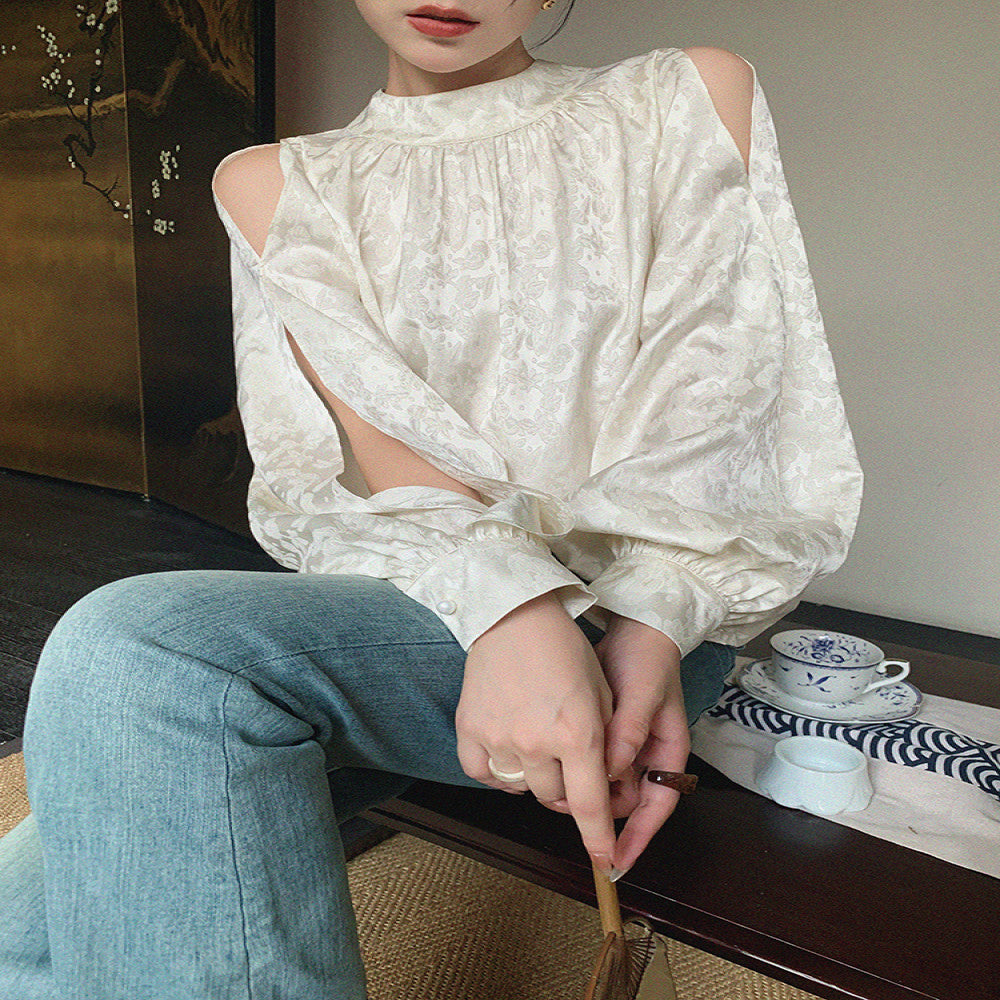Customized white off shoulder stand up collar shirt with dimples women s autumn 2025 new design niche lantern sleeve top image 0