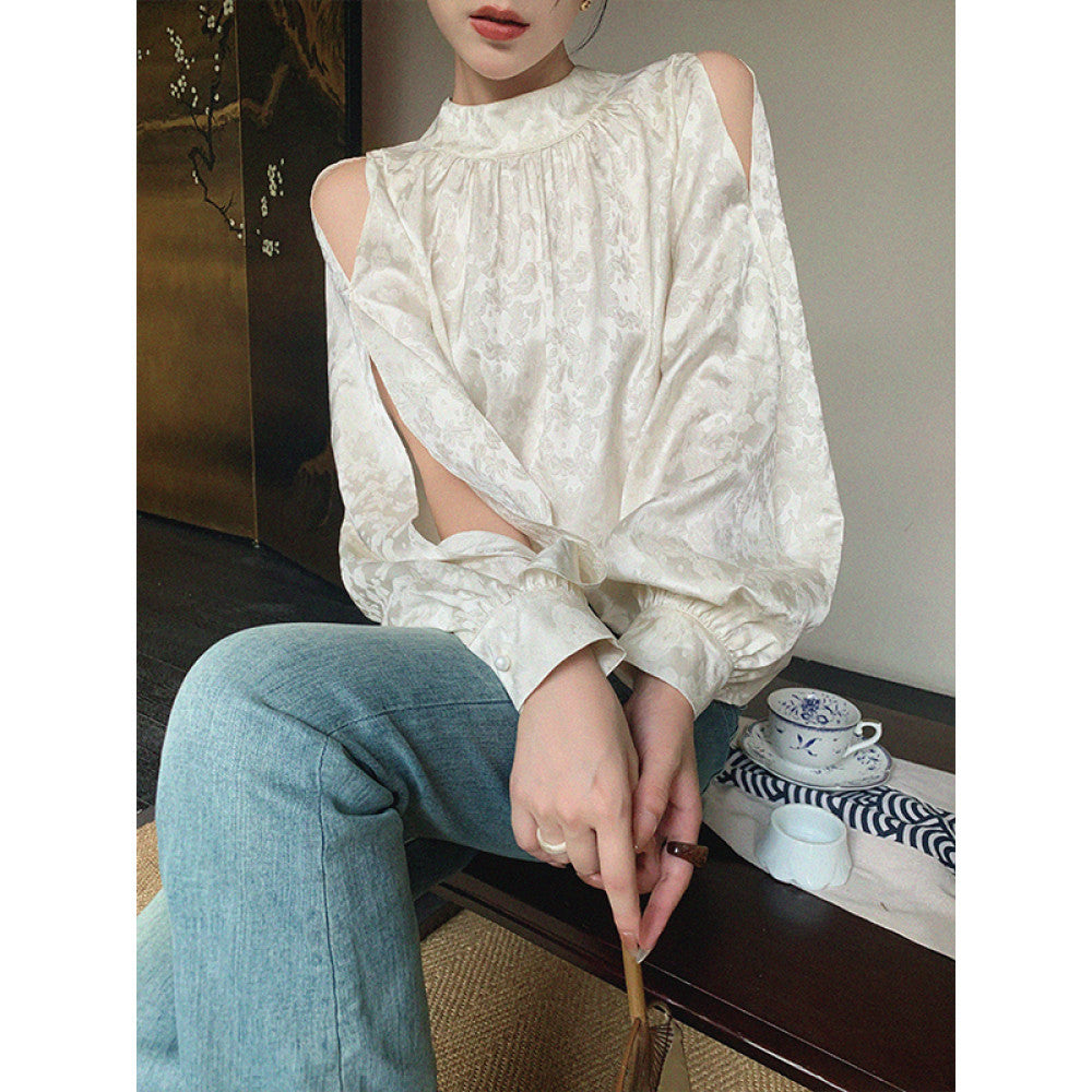 Customized white off shoulder stand up collar shirt with dimples women s autumn 2025 new design niche lantern sleeve top image 7