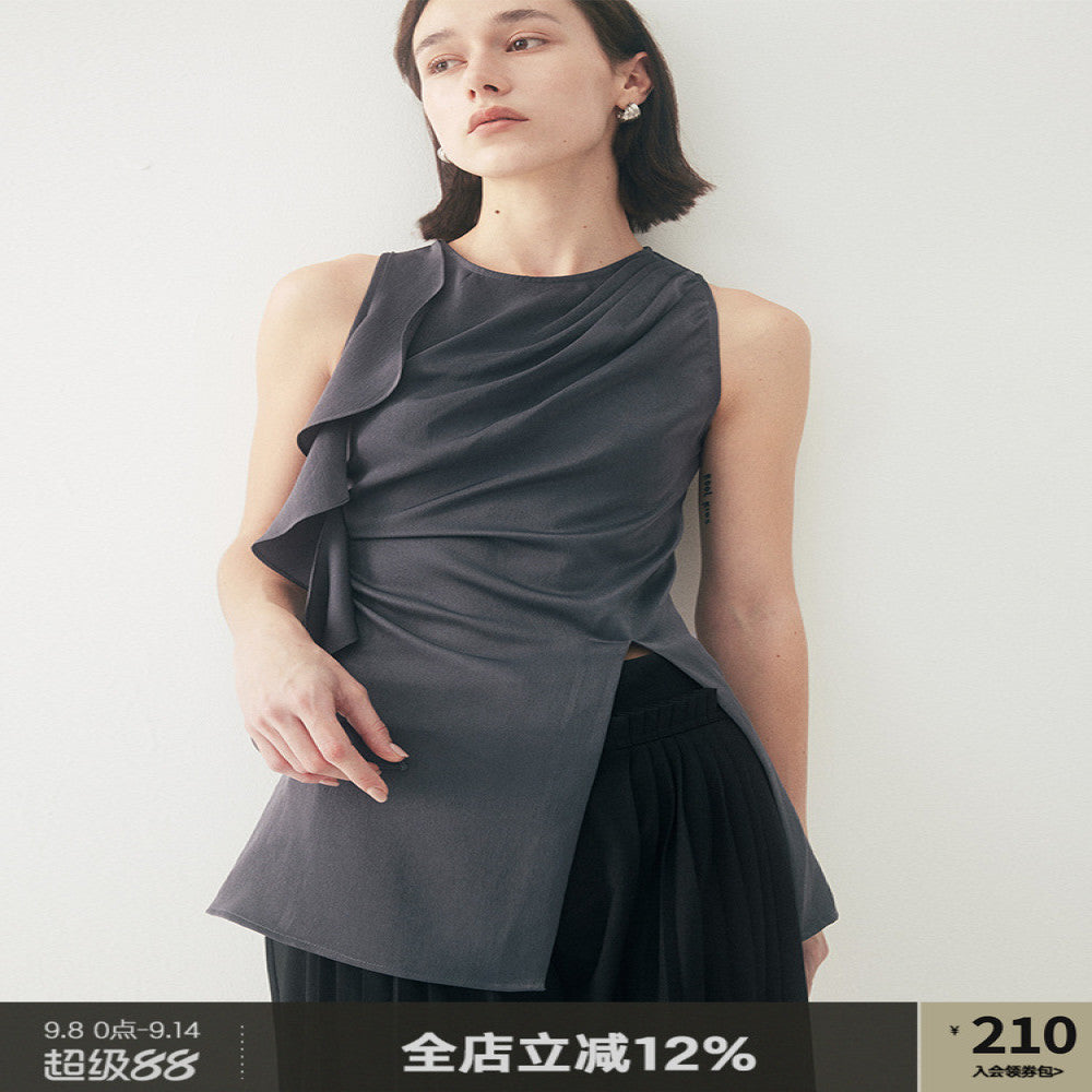 Someone Sometimes Original Ruffle Ribbon Pinch Fold Split Satin Texture Tank Top for Women s Outerwear image 0