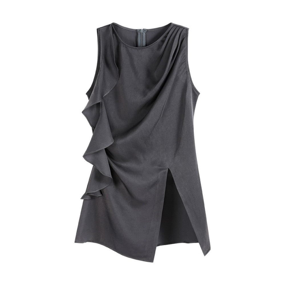 Someone Sometimes Original Ruffle Ribbon Pinch Fold Split Satin Texture Tank Top for Women s Outerwear image 6