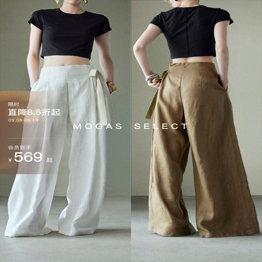 Spot Mogas pure linen side waistband pleated high waist wide leg pants for women s casual old money style summer wear image 1