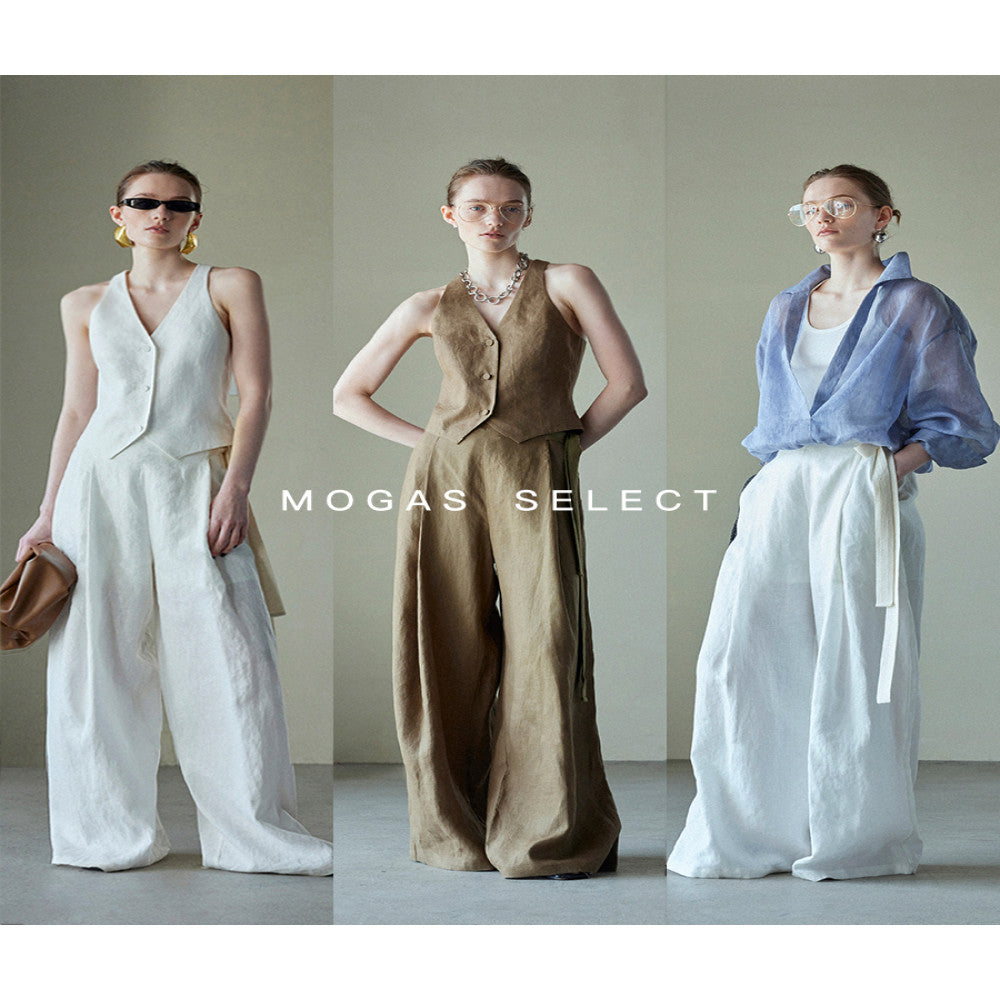 Spot Mogas pure linen side waistband pleated high waist wide leg pants for women s casual old money style summer wear image 2