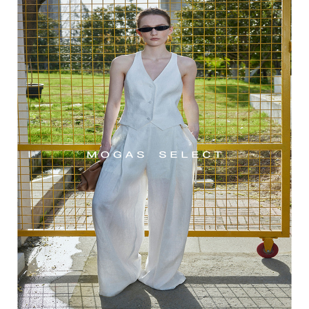 Spot Mogas pure linen side waistband pleated high waist wide leg pants for women s casual old money style summer wear image 3