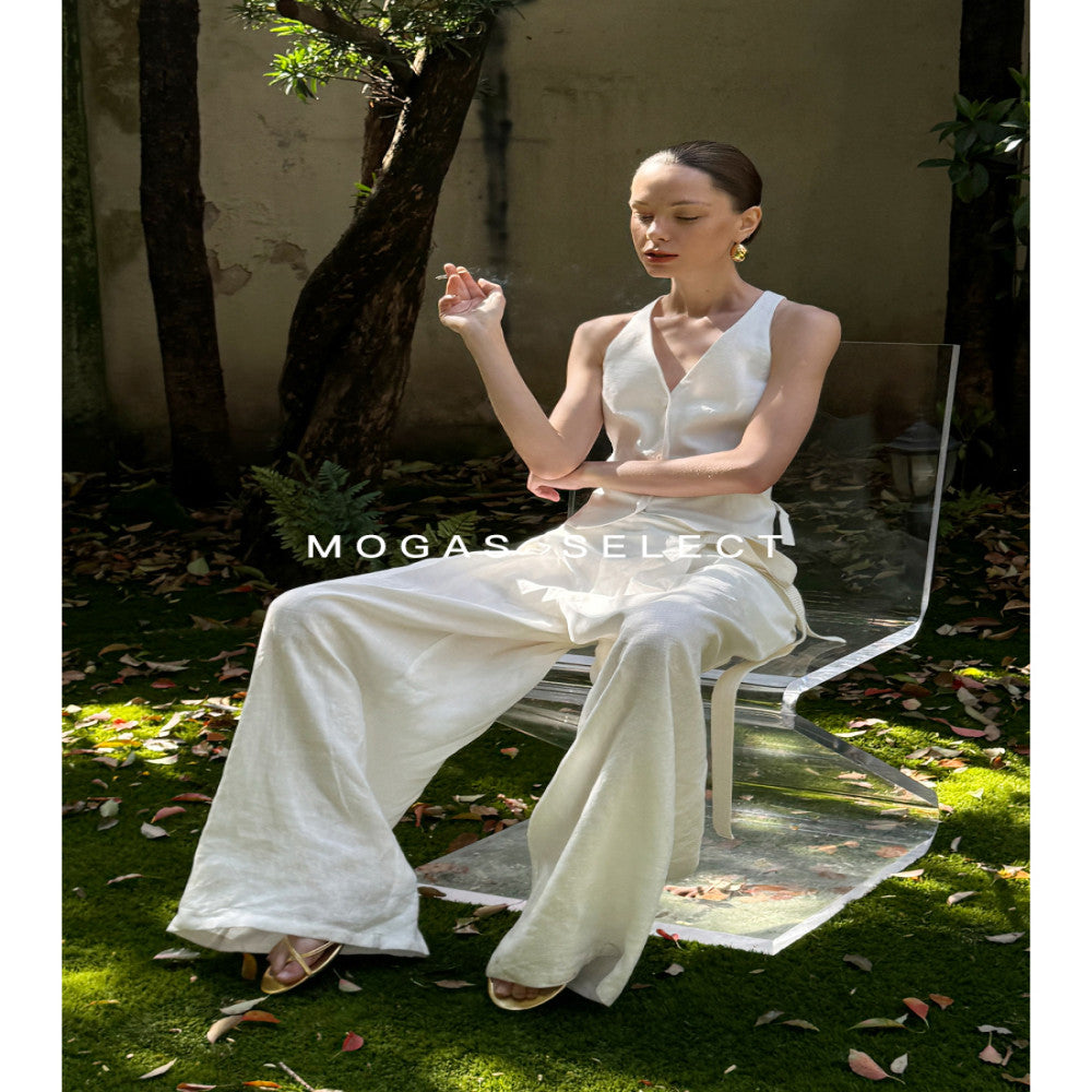 Spot Mogas pure linen side waistband pleated high waist wide leg pants for women s casual old money style summer wear image 5