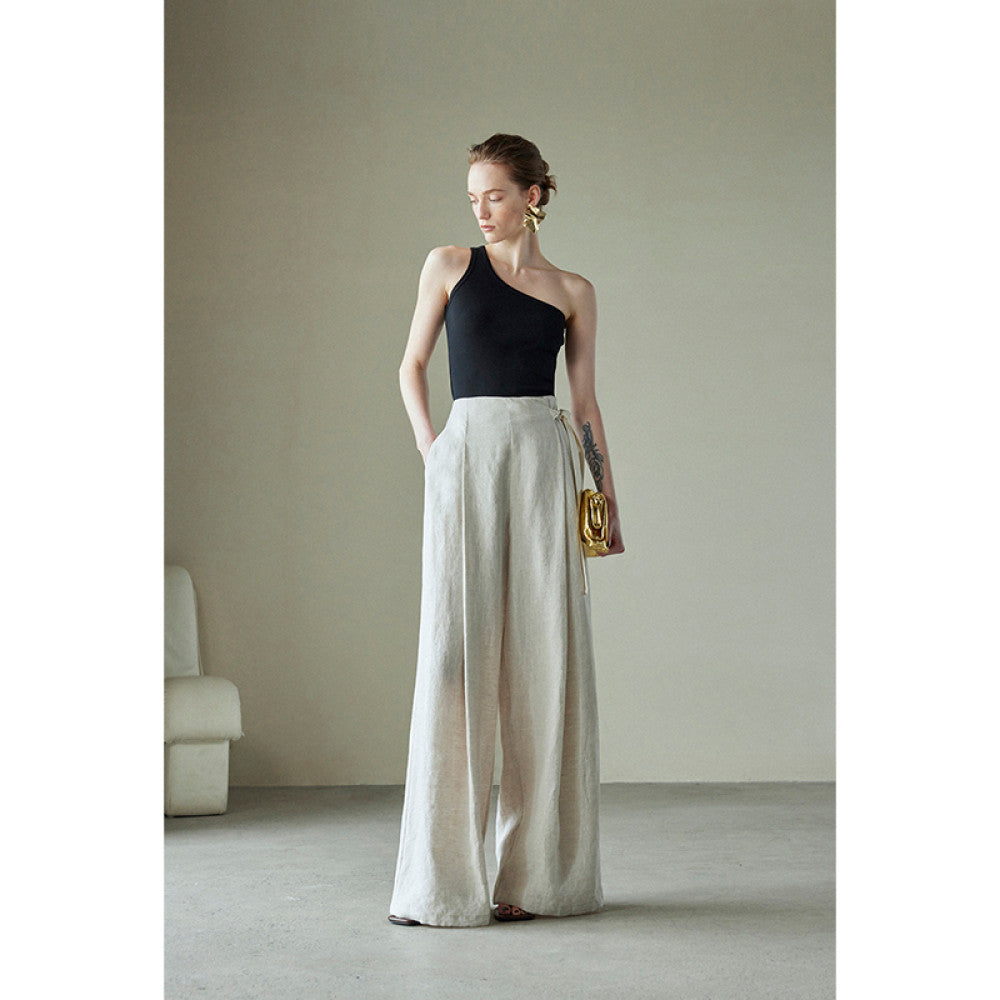 Spot Mogas pure linen side waistband pleated high waist wide leg pants for women s casual old money style summer wear image 18