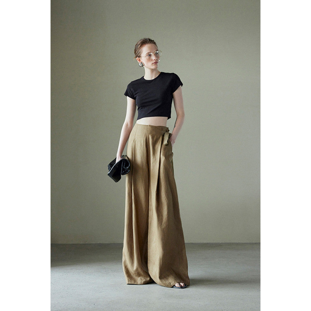 Spot Mogas pure linen side waistband pleated high waist wide leg pants for women s casual old money style summer wear image 22