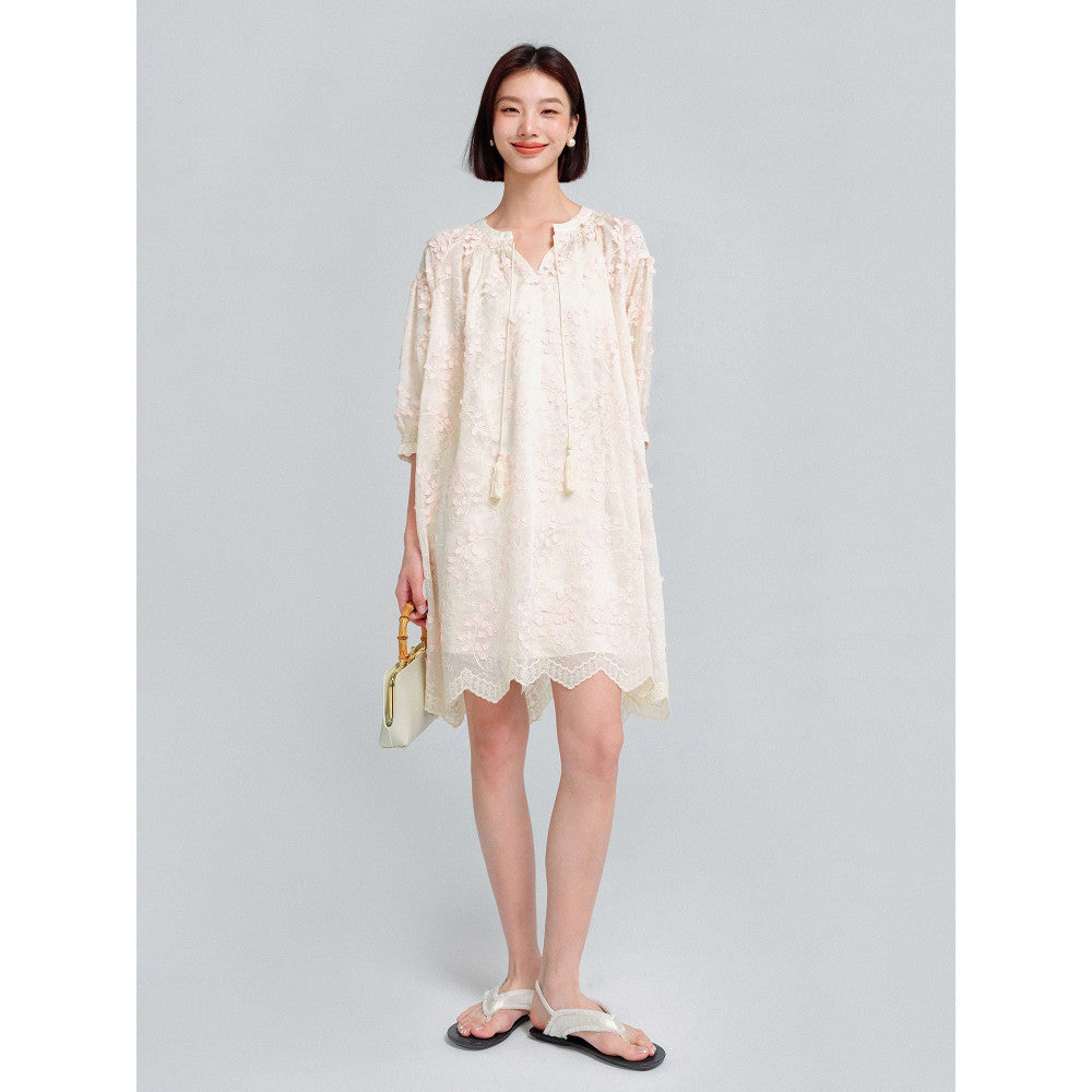 KOHS Qingfeng Linglan Aging Heavy Industry 3D Embroidery Light Transparent Round Neck Shirt Hanging Spike Dress image 15