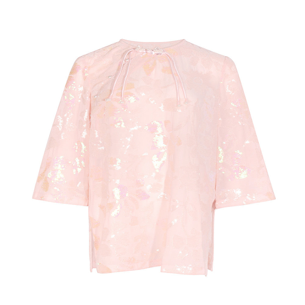 Light luxury heavy original design cherry blossom pink triple embroidery sequins round neck oblique placket top new Chinese style shirt image 5