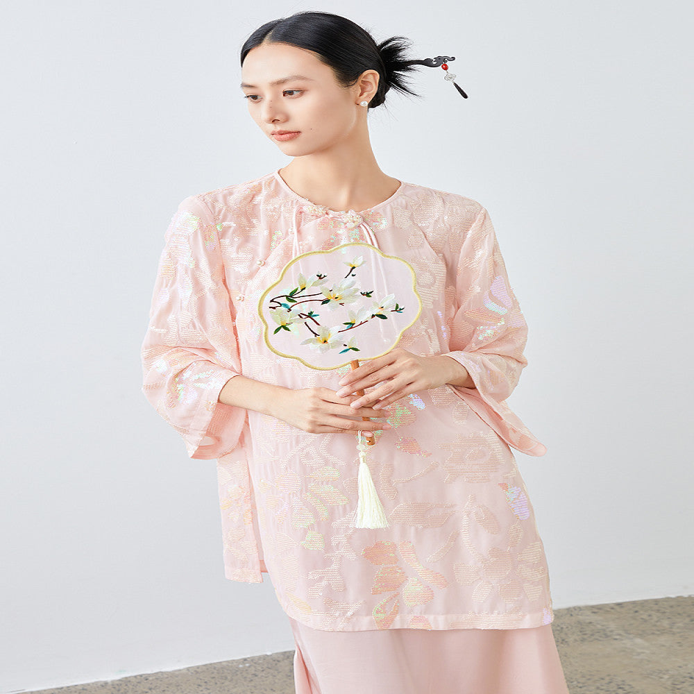 Light luxury heavy original design cherry blossom pink triple embroidery sequins round neck oblique placket top new Chinese style shirt image 0