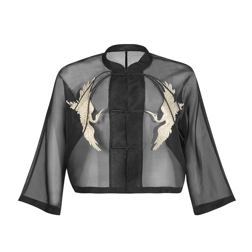 Original design New Chinese style black silk organza crane embroidery stand collar buckle Tang style short jacket image 6