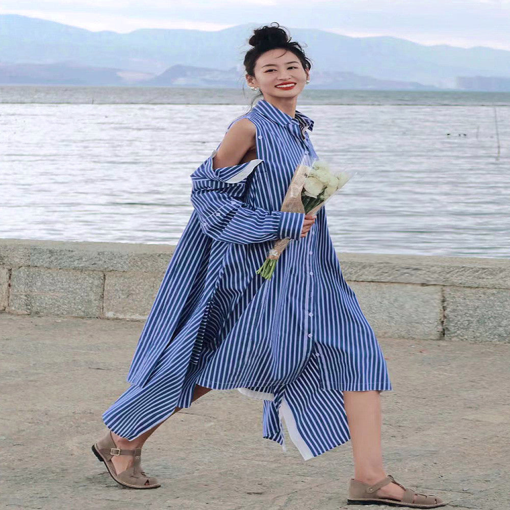 Personalized trendy brand design with asymmetrical blue and white vertical stripes loose long sleeved dress detachable short sleeved shirt skirt image 1