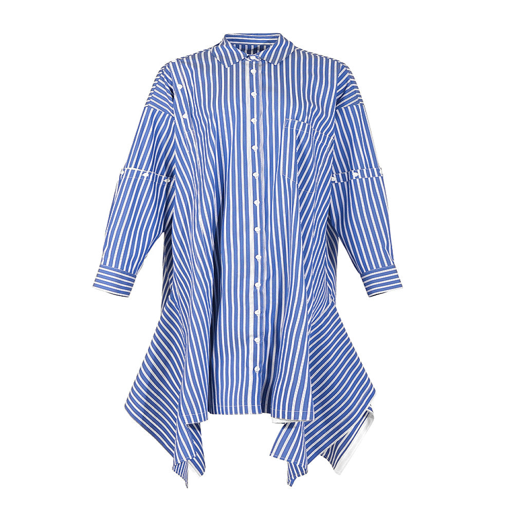 Personalized trendy brand design with asymmetrical blue and white vertical stripes loose long sleeved dress detachable short sleeved shirt skirt image 9