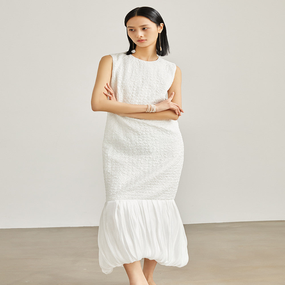 Elegant temperament goddess temperament pure white sleeveless long slim fit dress with sparkling fish tail hem splicing image 1