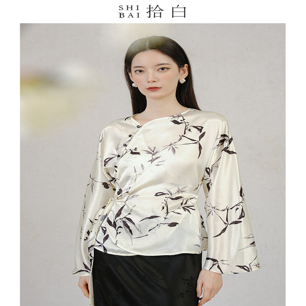 SHIBAI Shibai new Chinese style tops new spring and autumn original Chinese style acetate print bamboo leaves silky drape image 7