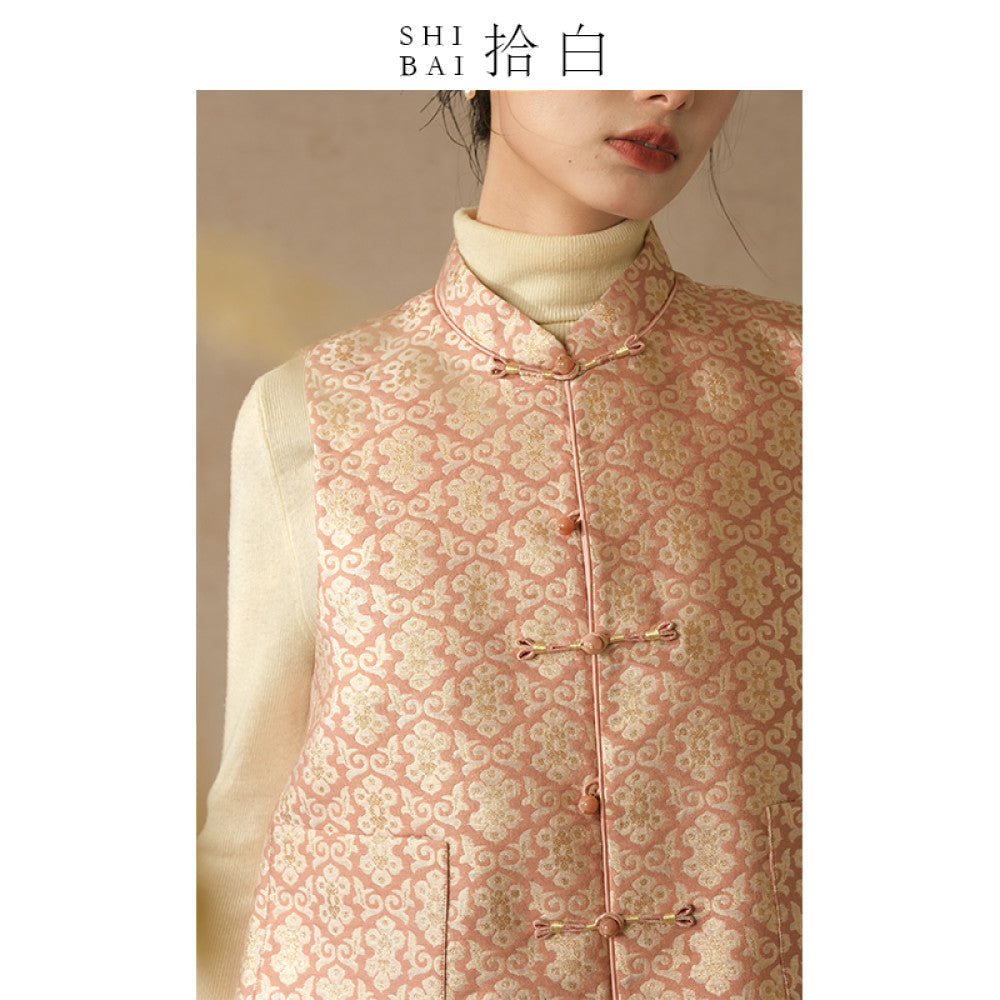SHIBAI White New Chinese style Vest Spring and Autumn Improvement Tang style Chinese style Women s Clothing Pink Plate Buckle Weaving Gold Jacquard Top image 14