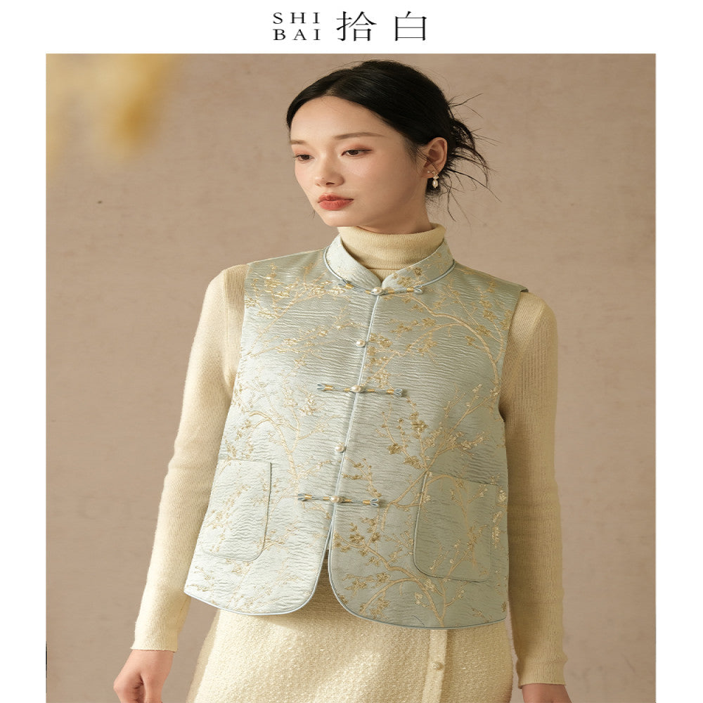 SHIBAI White New Chinese style Vest Spring and Autumn Improvement Tang style Chinese style Women s Clothing Pink Plate Buckle Weaving Gold Jacquard Top image 20