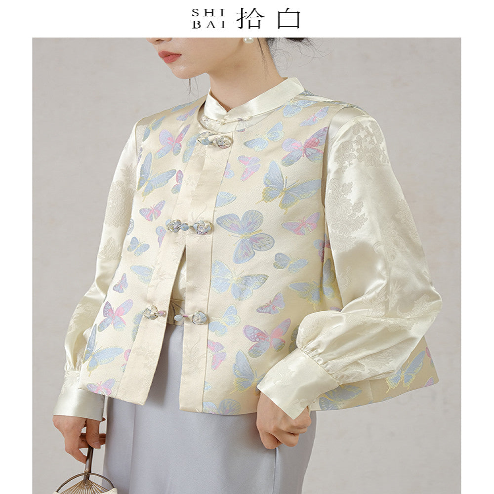 SHIBAI White New Chinese Vest Original High end Chinese Style Women s Wear Butterfly New Improved Plate Buckle Jacquard Top image 16