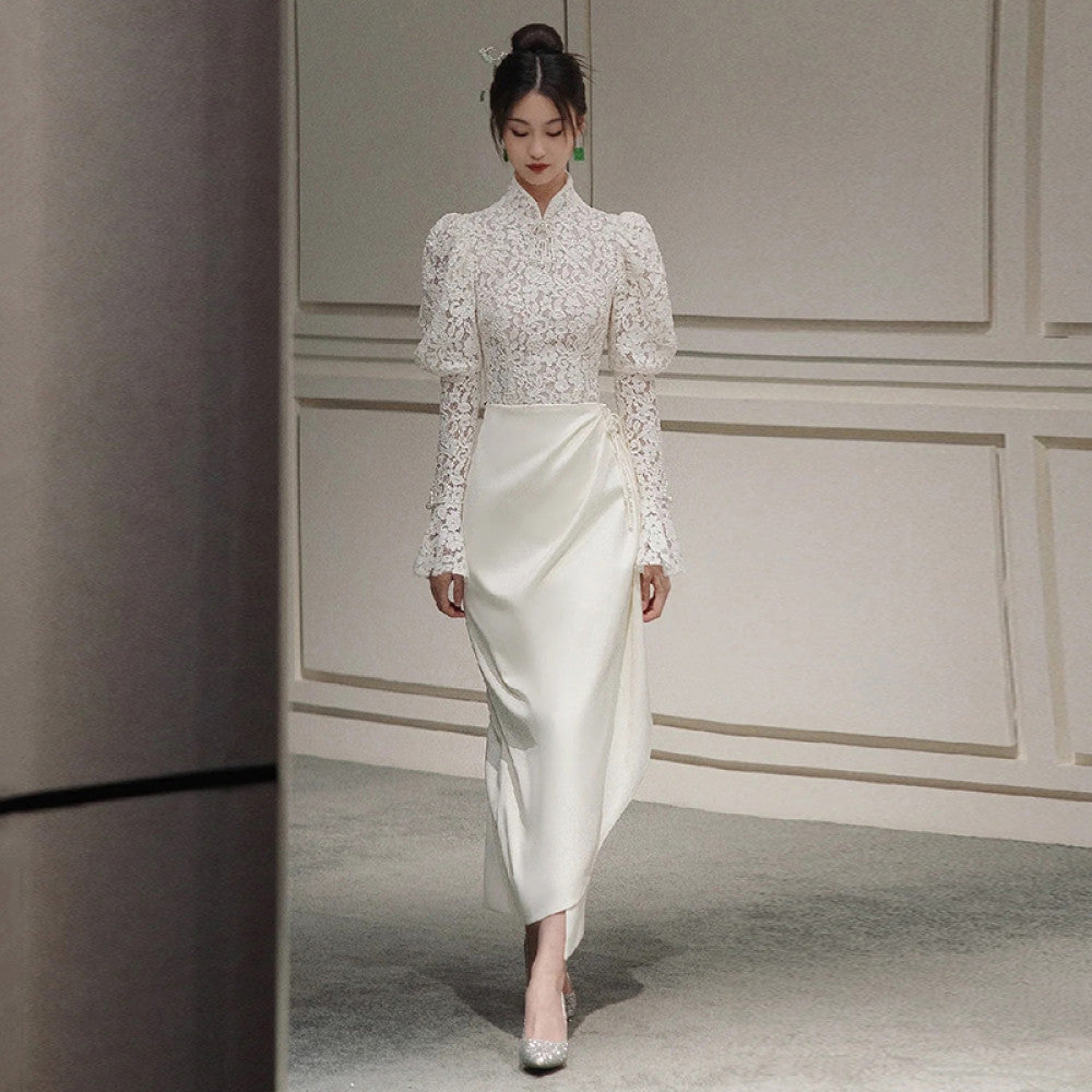 French Lace Light Wedding Dress 2025 Spring Edition Satin Small Long Sleeve Outward Yarn Retro Cheongsam Engagement Dress image 11