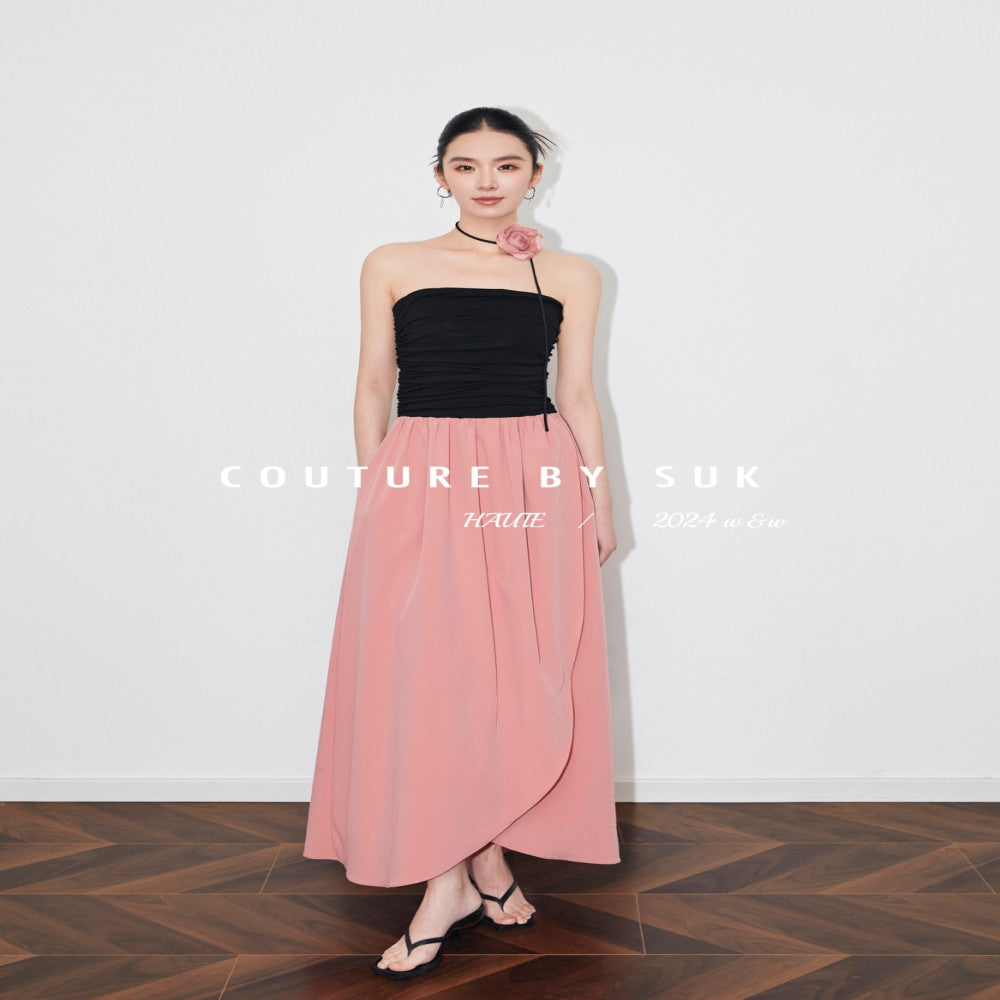 SUK Rose Season One shoulder strapless high waisted long skirt for slimming and slimming summer new irregular dress image 13