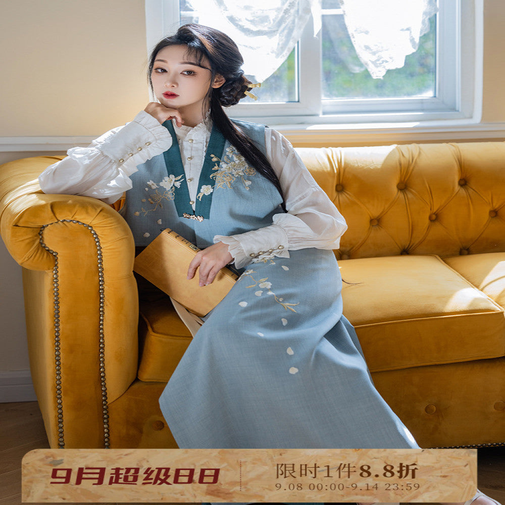 Dreaming of Pear Blossoms and Chinese Style Original Commuting Daily Hanfu Spinning Skirt New Chinese Embroidery Vest Stand up Collar Shirt Spring and Autumn image 1