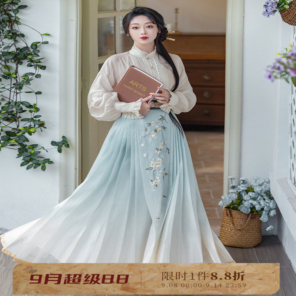 Dreaming of Pear Blossoms Chinese Style Original Gradient Embroidered Horse Face Skirt New Chinese Style Standing Collar Shirt Daily Hanfu Spring and Autumn Women image 1