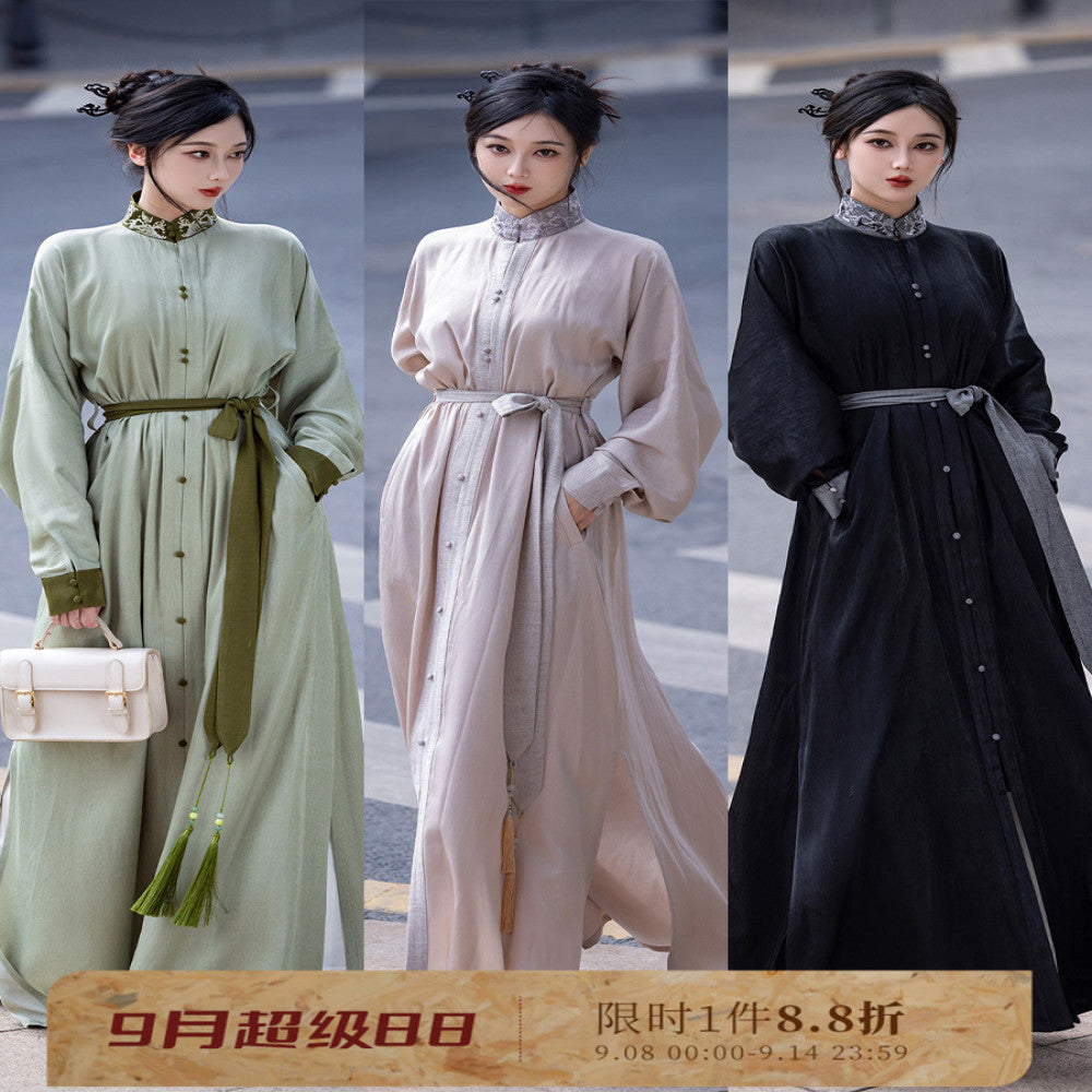 Dreaming Together Trending Together Creating Chinese Style Original Improvement Stand up Collar Hanfu Dress Long Shirt Commuting Daily Work Wearing Spring and Autumn image 1