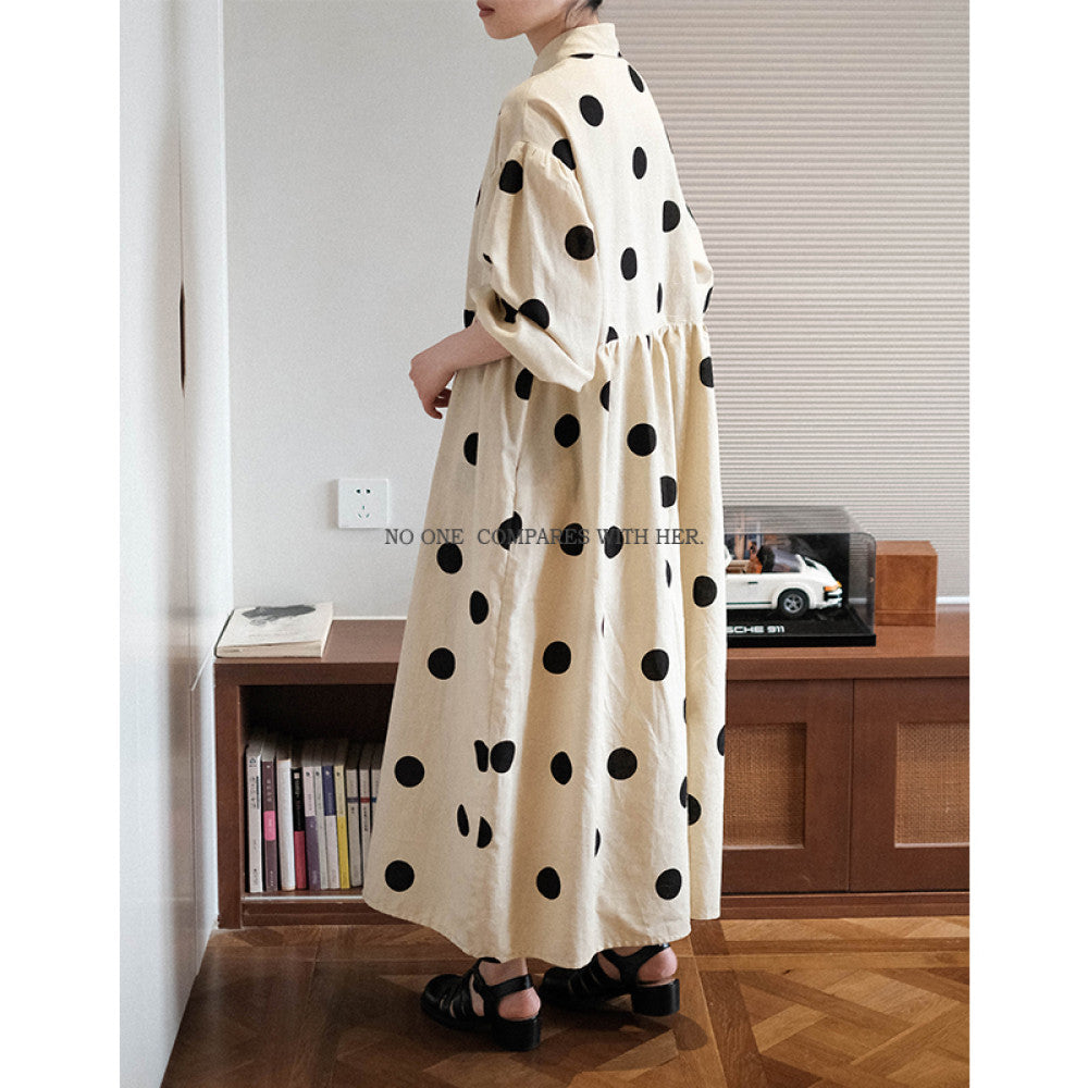 With her original niche design Japanese loose polka dot shirt cotton and linen artistic student long sleeved dress for women image 0