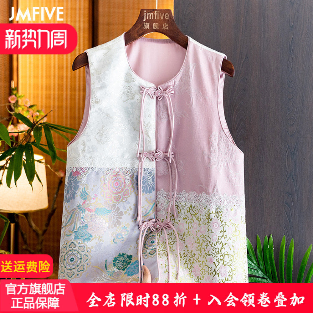 New Chinese style age reducing vest for women in autumn 2024 round neck buckle tassel jacquard lace spliced vest image 1