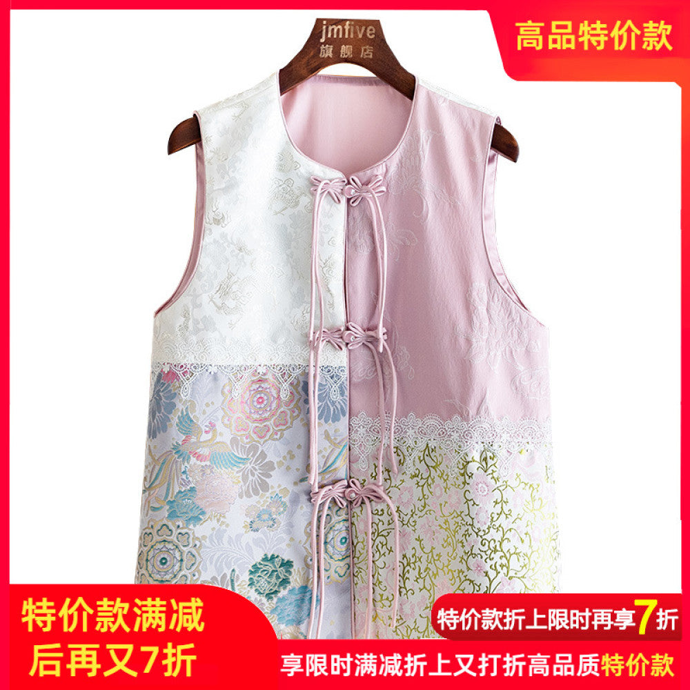 New Chinese style age reducing vest for women in autumn 2024 round neck buckle tassel jacquard lace spliced vest image 6