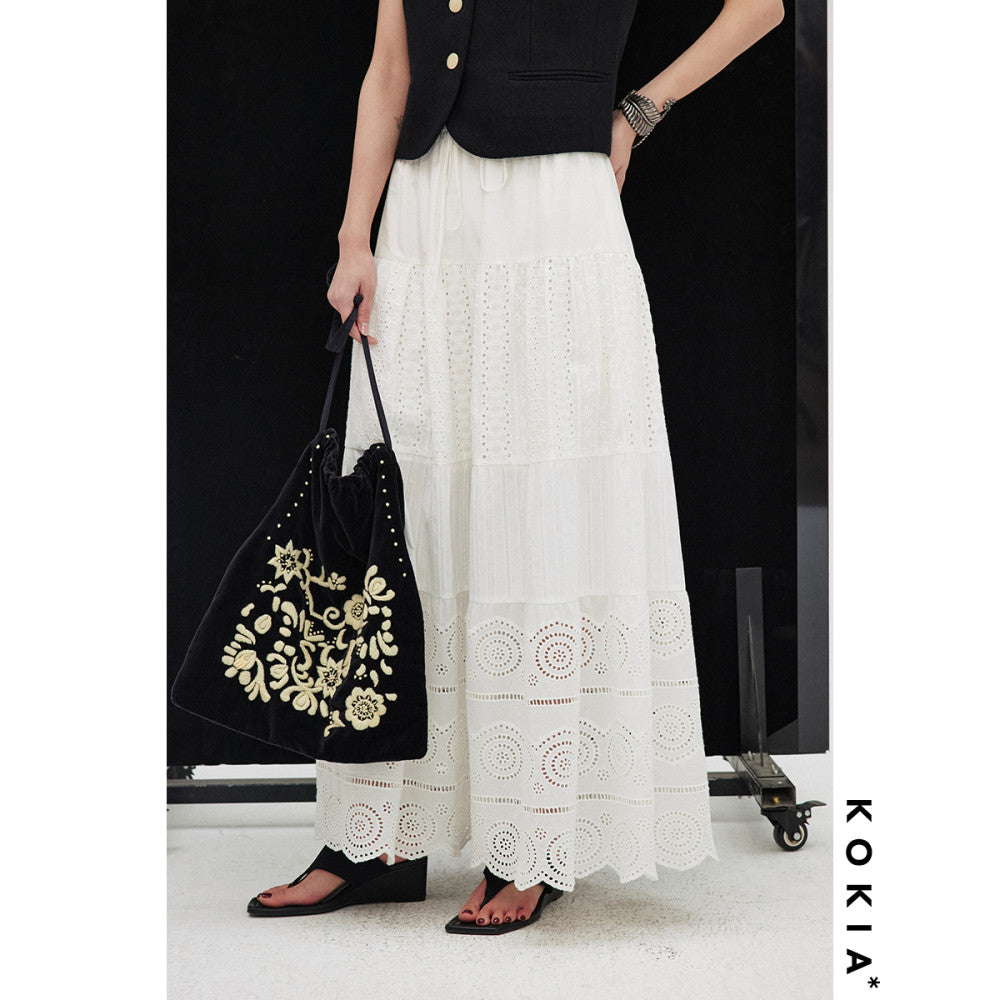 KOKIA Spot Celebrity Same Style Madeira Embroidered White Moonlight Lace Flower Splicing Elastic Waist Cake Half Skirt image 10