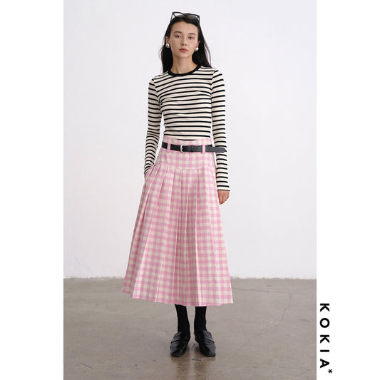 ASAYA3202 Spring and autumn pink with crotch pleated wide hem A-line long umbrella skirt