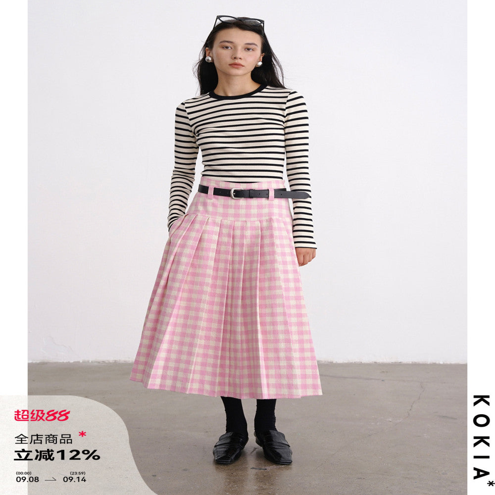 KOKIA Spot Sweet and Weird Girl Spring Pink Plaid Half length Skirt with Cropping and Folding Skirt Large Swing A line Umbrella Skirt image 14