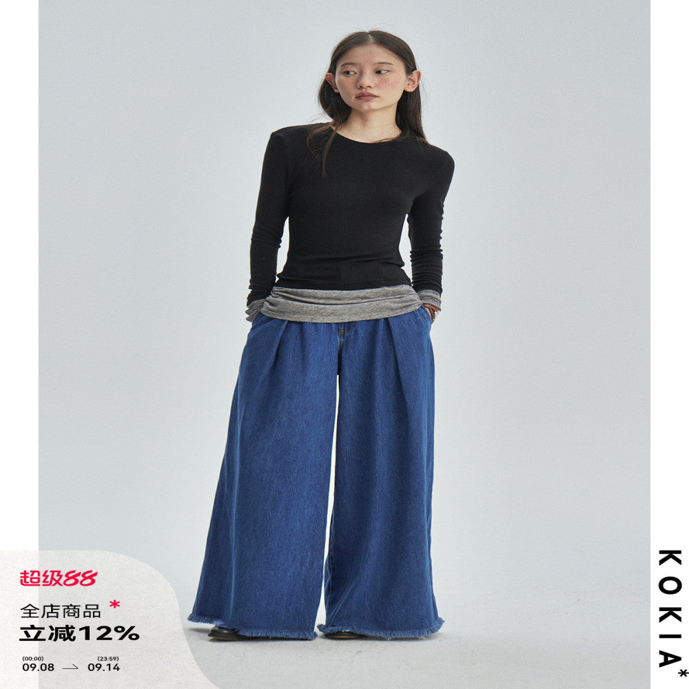 KOKIA Spot Heavy Industry High Waist pleated fringed Umbrella Wide Leg Jeans image 0