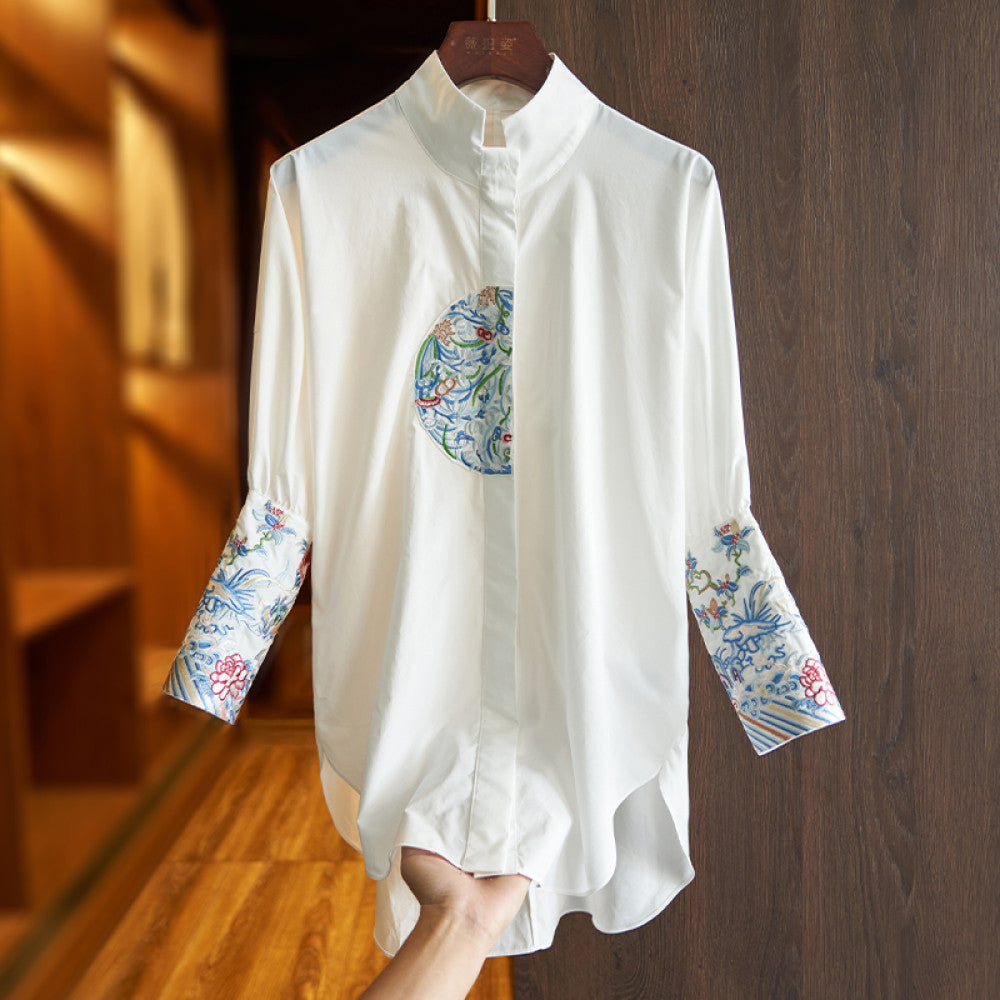 White cotton shirt women s loose autumn dress new design sense small crowd vintage embroidery senior sense China Chic top image 10