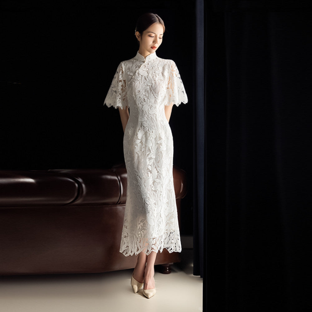 Dear Peony Iris White Cheongsam High End Bridal Engagement Toast Dress Lace Dress image 6