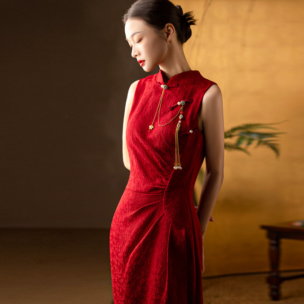 Dear Peony Zhi Xi New Chinese Red Slimming Improved Cheongsam Bridal Toasting Dress Engagement Certificate image 18