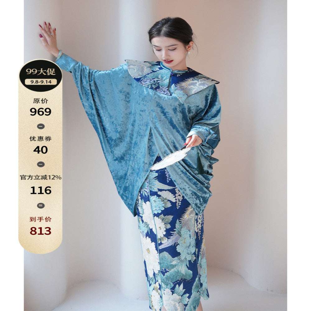 Chengyu Gaoding Feifeng Jinglan New Chinese style Golden Velvet Top Jacquard Vest Half Skirt Three piece Set image 9