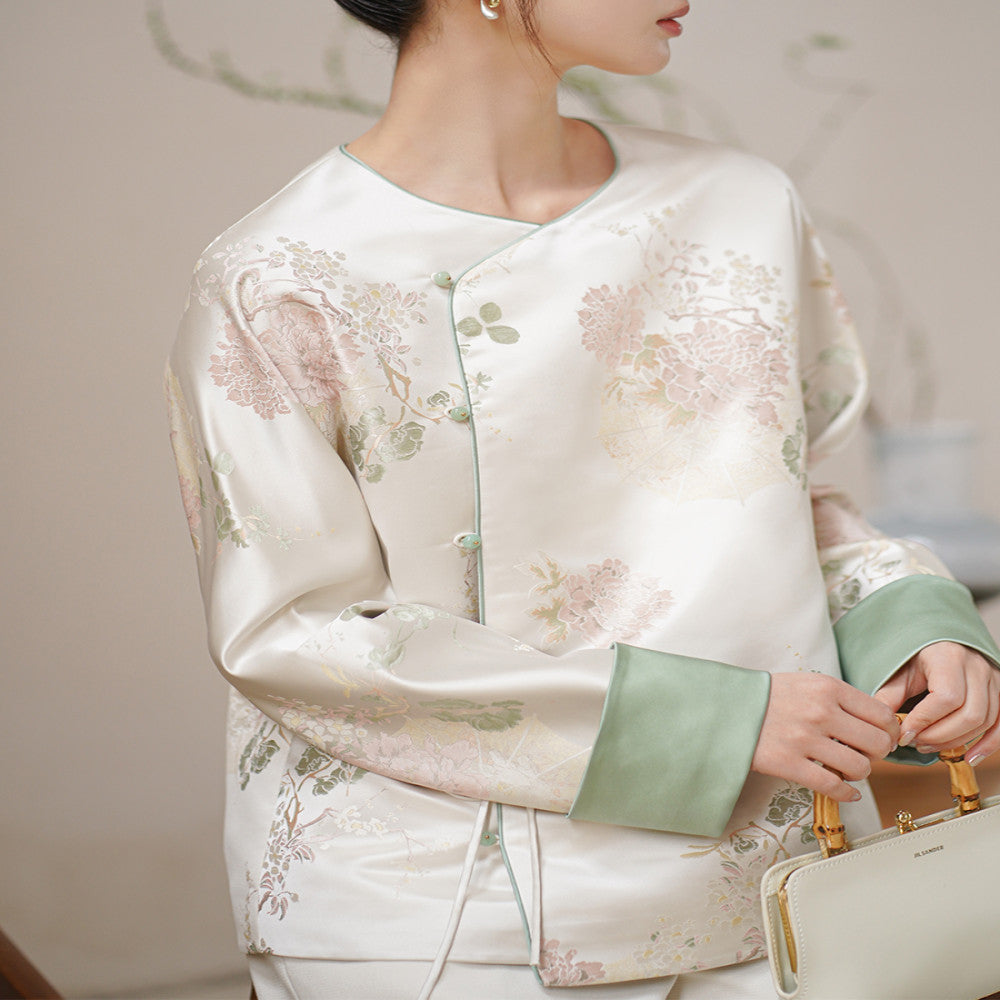 Chuchan Qingping Le New Chinese Style Coat 2025 Autumn Edition New Tea Clothes Retro Song Jin Jacquard Top image 1