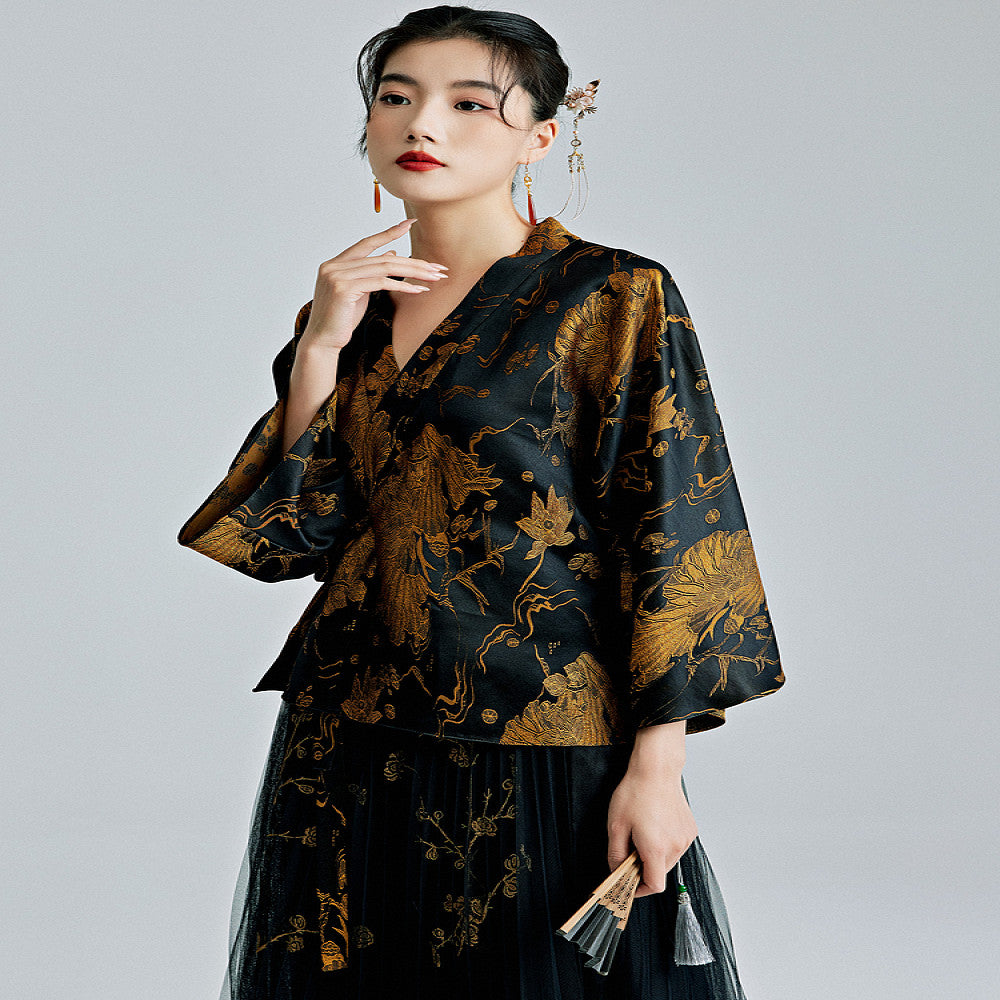 Moyu 2024 Spring Summer New Chinese Style Retro Improved Han Elements Jacquard Tea Clothes New Chinese Hanfu Top image 4