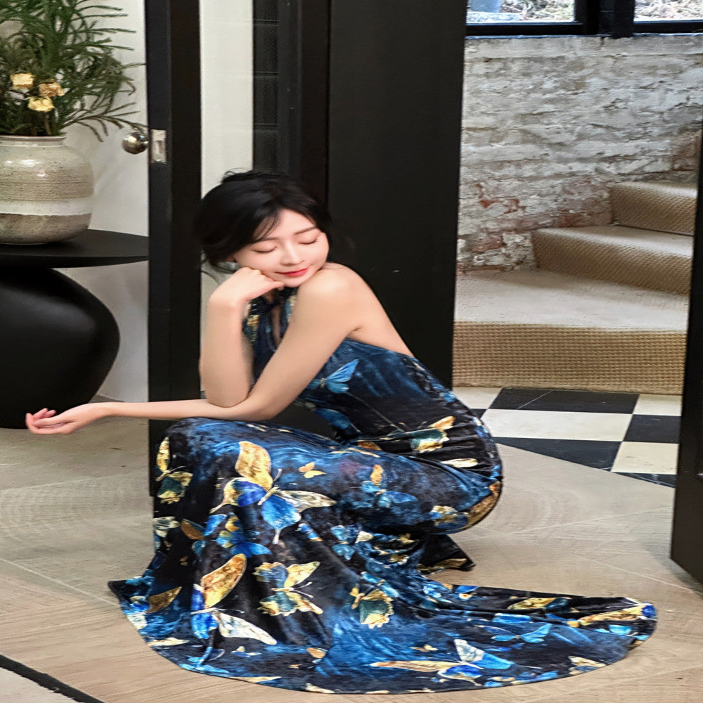 Like the gilded butterfly the new Chinese style improved cheongsam fish tail dress velvet shoulder cut backless dress long dress image 6