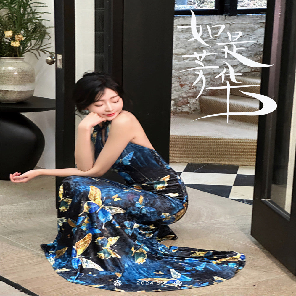 Like the gilded butterfly the new Chinese style improved cheongsam fish tail dress velvet shoulder cut backless dress long dress image 14