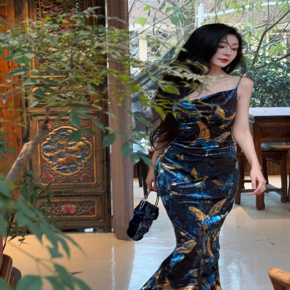 Like the gilded butterfly the new Chinese style improved cheongsam fish tail dress velvet shoulder cut backless dress long dress image 20