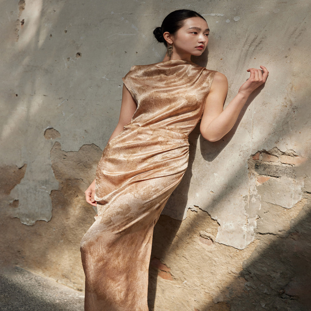 Golden Age satin print three dimensional cut pleated waist slimming dress image 14