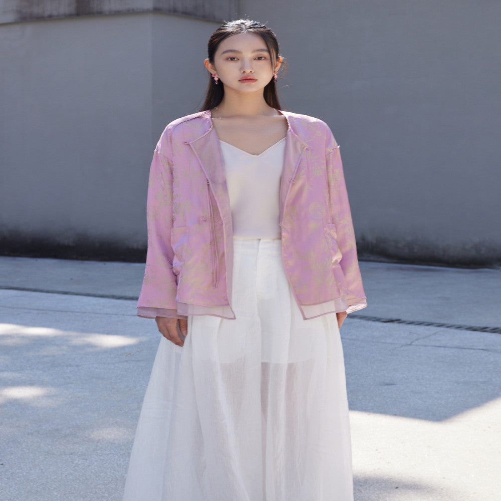 Jacquard human silk fabric u0026flower and bird embroidery organza both sides can be worn Chinese style jacket sold out and not restocked image 3