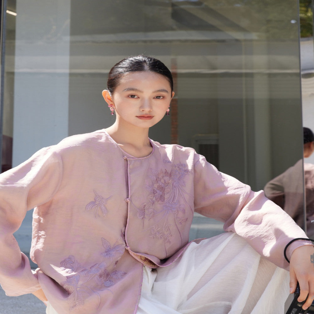 Jacquard human silk fabric u0026flower and bird embroidery organza both sides can be worn Chinese style jacket sold out and not restocked image 0