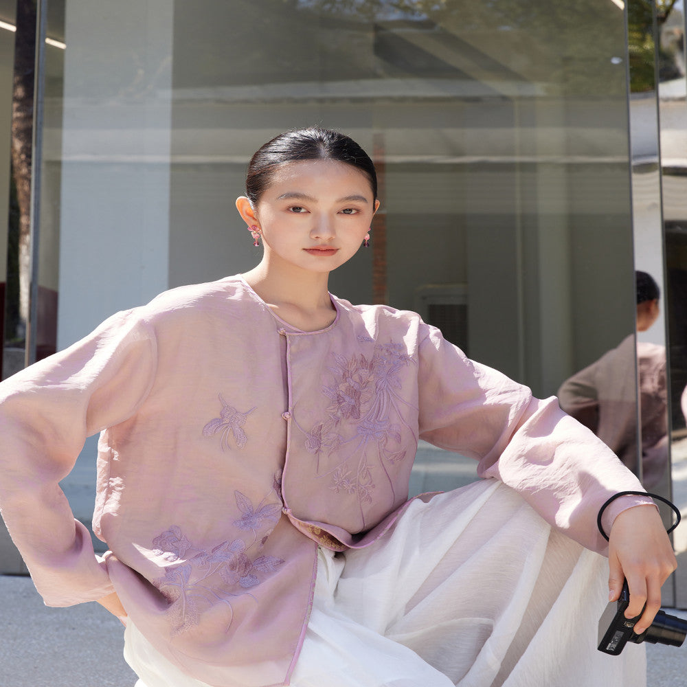 Jacquard human silk fabric u0026flower and bird embroidery organza both sides can be worn Chinese style jacket sold out and not restocked image 9