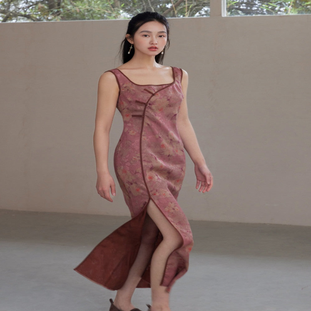 Hua Luo Di Hong Yun Sha 100 Mulberry Silk New Chinese style Slant Front Coat Improved Cheongsam Skirt image 0